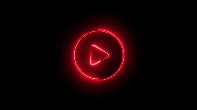 Neon Play button sign icon animation glowing red color circle media audio and video music stop player pause press click push start button press icon on black background