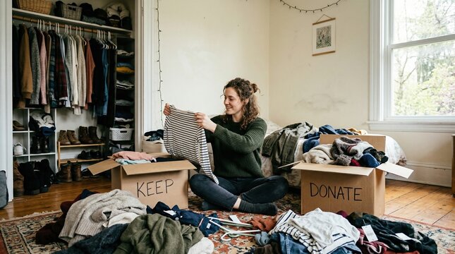 Female sorting clothes into boxes labeled keep and donate in a cluttered bedroom with a closet full of garments and a wooden floor visible
