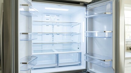 Modern refrigerator with open doors showcasing empty shelves and clear storage bins, illuminated interior highlighting spacious design and organization options