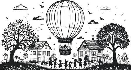 Children holding hands walking under a large hot air balloon flying over houses and trees in a whimsical sketch style.