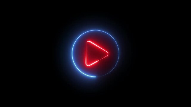 Neon Play button sign icon animation glowing red and blue color circle media audio and video music stop player pause press click push start button press icon on black background