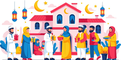Naklejka premium Neighborhood community exchanging eid gifts in front of a traditional house in a wide angle vector scene