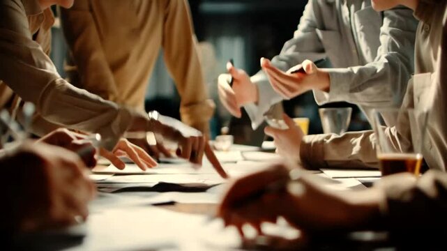 Focused business professionals intensely discussing strategic plans, collaborating on projects, and problem-solving during a productive meeting in a modern office environment