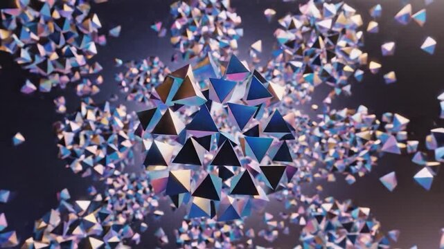 Many iridescent geometric pyramids float and scatter in an abstract, dynamic