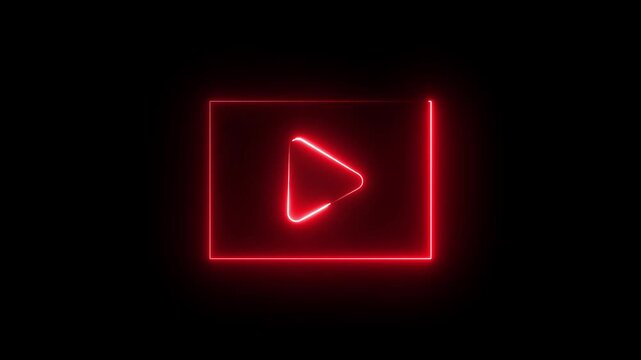 Neon Play button sign icon animation glowing red  color circle media audio and video music stop player pause press click push start button press icon on black background