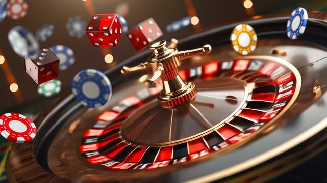 Casino roulette wheel spinning with floating chips and dice, gambling game, casino table, betting scene, gambling equipment, casino atmosphere.