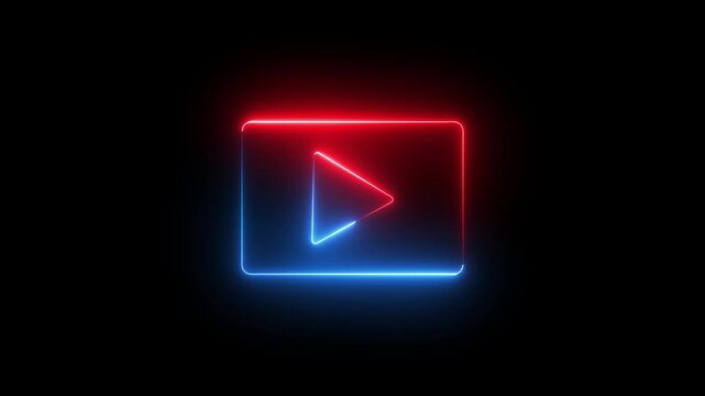 Neon Play button sign icon animation glowing red and blue color circle media audio and video music stop player pause press click push start button press icon on black background