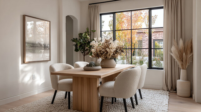 cozy minimalist dining room in scandinavian style with wooden table beige chairs dried flowers and bright natural light from a large window in a modern residential home