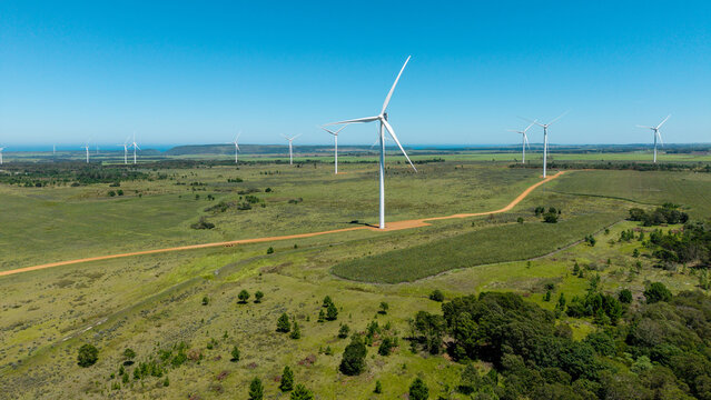 Aerial view of wind turbines standing tall against the vast landscape, a testament to renewable energy, Gqeberha, Eastern Cape, South Africa.