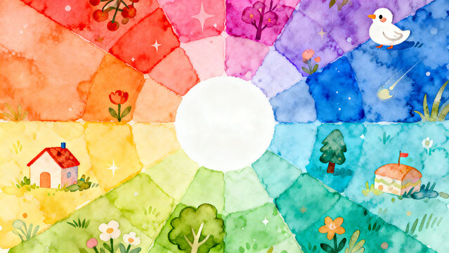Artistic Watercolor Color Wheel Chart with Cute Icons for Design and Education ,Whimsical Watercolor Nature Collage - Circular Spectrum with House, Duck, and Floral Elements