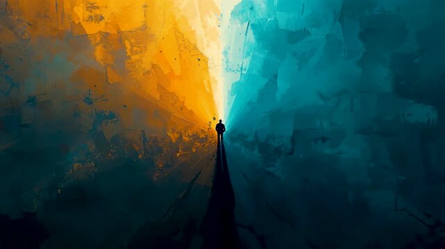 Silhouette Man Walking Away Into Bright Yellow Light Beam Splitting Dark Blue Turquoise Sky With Clouds