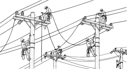 Electrician Lineman Silhouette - Utility Worker on Power Pole and High Voltage Maintenance Vector