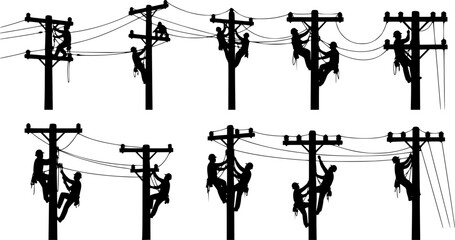 Electrician Lineman Silhouette - Utility Worker on Power Pole and High Voltage Maintenance Vector