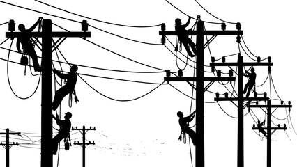 Electrician Lineman Silhouette - Utility Worker on Power Pole and High Voltage Maintenance Vector