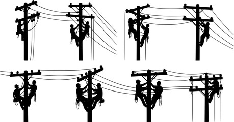 Electrician Lineman Silhouette - Utility Worker on Power Pole and High Voltage Maintenance Vector