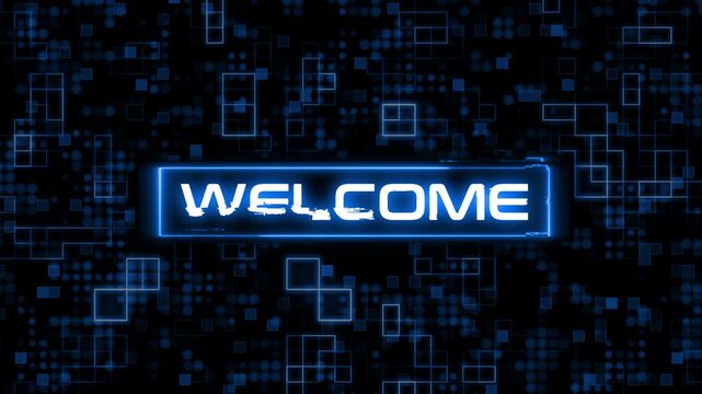 Animated welcome text on an abstract digital background with glowing elements and smooth motion.