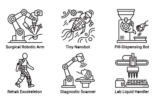 Medical Robotics, Autonomous Surgery and Advanced Healthcare Technology Minimalist Mono-line Icon Set Vector Illustration