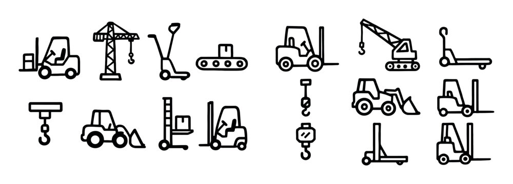 Construction icons with crane forklift hook outline
