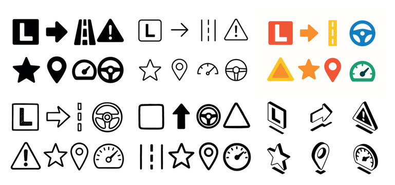 Driving icons with steering wheel speedometer pin flat