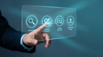 Fototapeta premium Businessman interacting with digital content creation process on transparent screen