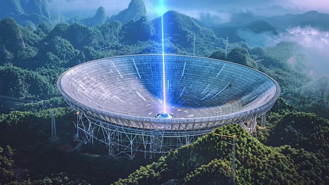 Giant radio telescope transmitting cosmic, dish antenna, deep space communication, observatory facility, scientific research station.