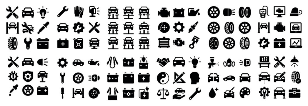 Garage icons with wrench battery tire minimal