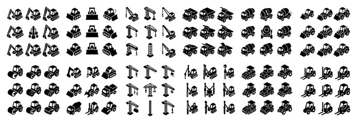 Construction icons with crane excavator dumptruck isometric