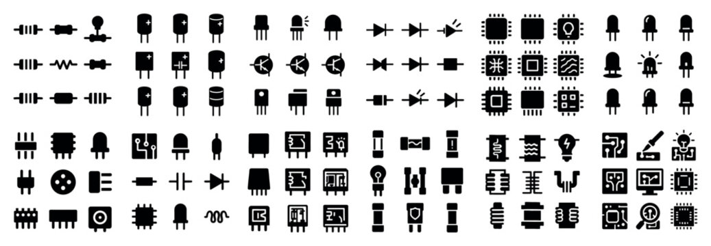 Electronic icons with chip and diode minimal outline