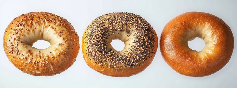Three golden brown bagels on white background, sesame, everything, and plain, fresh and appetizing