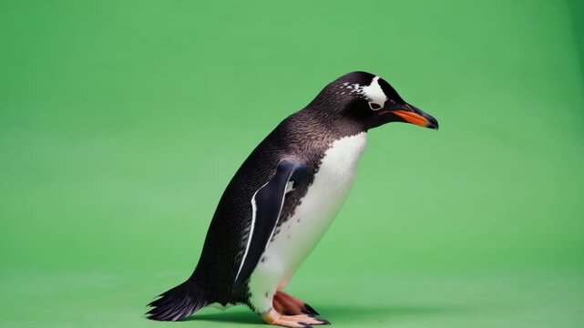 Gentoo penguin walking on green screen, cute Antarctic bird in motion
