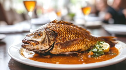 Roasted whole fish on a plate with sauce