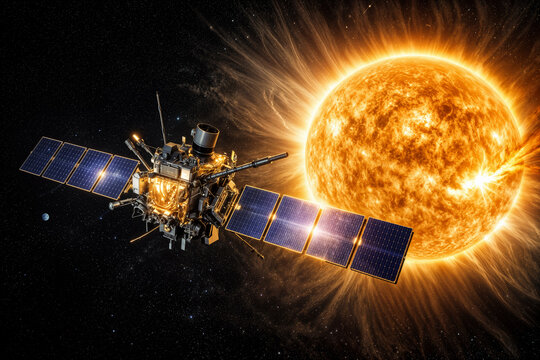 Solar observation spacecraft at L1 Lagrange point monitoring solar corona and flare for space weather early warning humanity's cosmic guardian sentinel