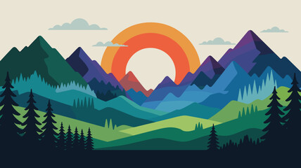 Naklejka premium vector illustration of mountain landscape with layered peaks and colorful sunset