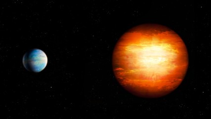 Planet near a brown dwarf. Failed star with exoplanet in space. Extrasolar planetary system. © Nazarii
