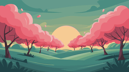 Flat vector illustration of pink blossom trees framing green valley at sunset.