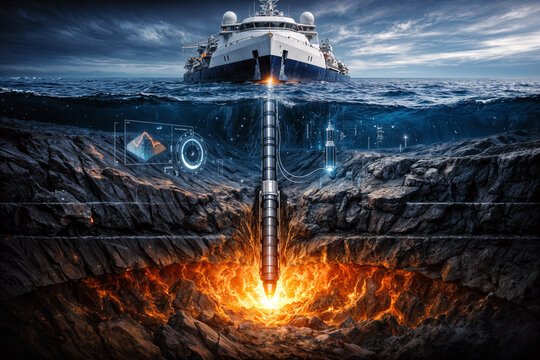 Ultra-deep oceanic drilling expedition vessel with glowing drill penetrating Earth's crust into mantle Moho boundary geothermal exploration scientific research