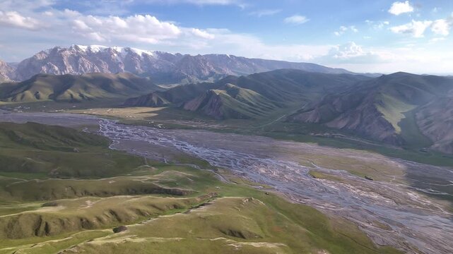 Aerial view of snow-capped Tian Shan peaks above braided river and green hills, Kyrgyzstan