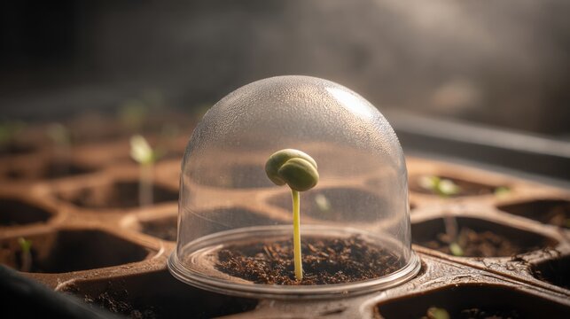 Tiny seedling protected by a translucent dome, showcasing new growth in soil