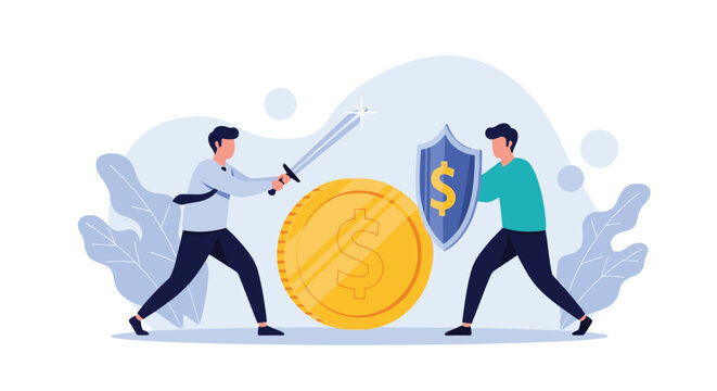 Two men engage in a fierce struggle over a giant gold coin, one armed with a sword and the other with a shield, symbolizing financial conflict and intense market competition.