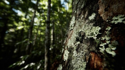 Obraz premium Detailed Texture of Mature Tree Bark Covered in Green Moss and Gray Lichen in a Sunlit Forest