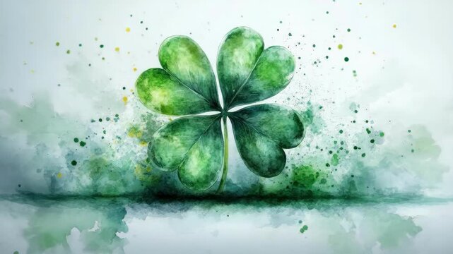 Artistic watercolor of four-leaf clover with green splatter effect background. Saint Patrick's Day, St Paddy's Day, St Patty's Day - Irish National Holiday and Cultural Celebration