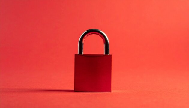 A bold red padlock stands upright against a vivid red backdrop, symbolizing privacy, protection, and minimalist security with striking contrast between body and metallic shackle.