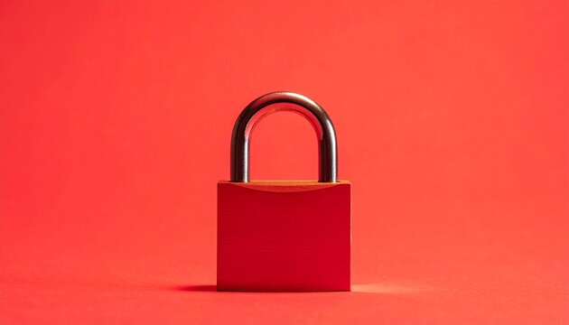 A bold red padlock stands upright against a vivid red backdrop, symbolizing privacy, protection, and minimalist security with striking contrast between body and metallic shackle.