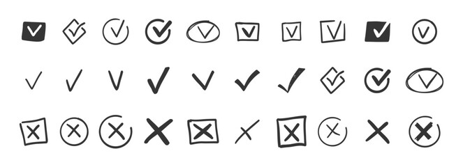 Naklejka na ściany i meble Check mark doodle icon set. Checkmarks and confirm. Ok, yes sign for agreement, done. tick. Cross signs for checkbox, checklist, v in sketch.