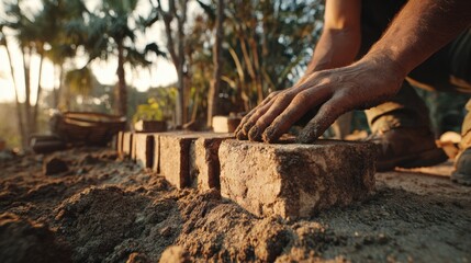 Fototapeta premium Worker places bricks in sunlight at a construction site during evening hours in a rural area