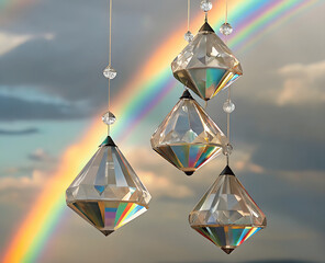 Fototapeta premium Crystal prisms refracting rainbow light in cloudy sky
