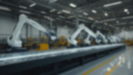 Fototapeta premium Blurred background of Automated robotic arms stacking polished nickel slabs in high-tech warehouse, precision engineering details with LED indicator lights and metallic reflections, modern refinery.