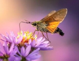 Fototapeta premium Hummingbird Hawk-Moth Feeding on Aster Flower Nectar.