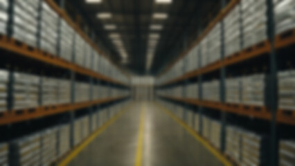 Blurred background of Nickel ingots stacked symmetrically inside vast industrial warehouse, polished metallic surfaces reflecting overhead lights, large export storage facility, midday, cool balanced.