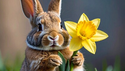 Fototapeta premium A rabbit holding a lily or daffodil. 